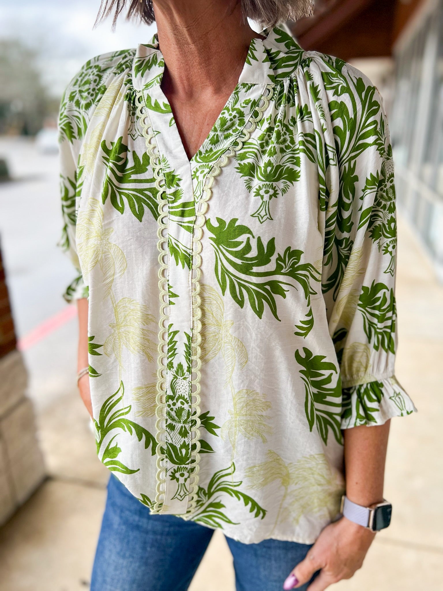 Sage Leafy Damask Print Button Up Top - A'Bekah's Boutique