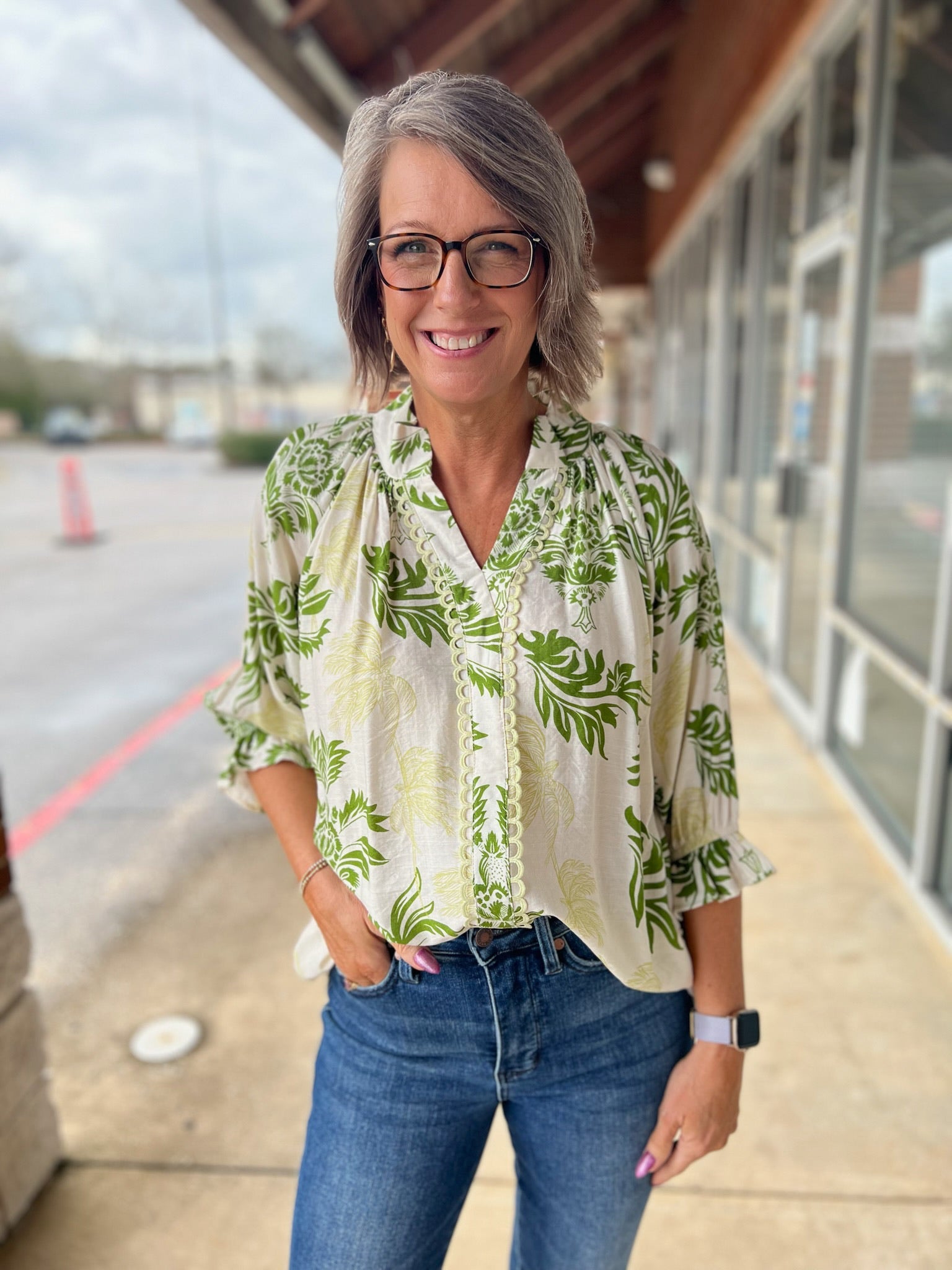 Sage Leafy Damask Print Button Up Top - A'Bekah's Boutique