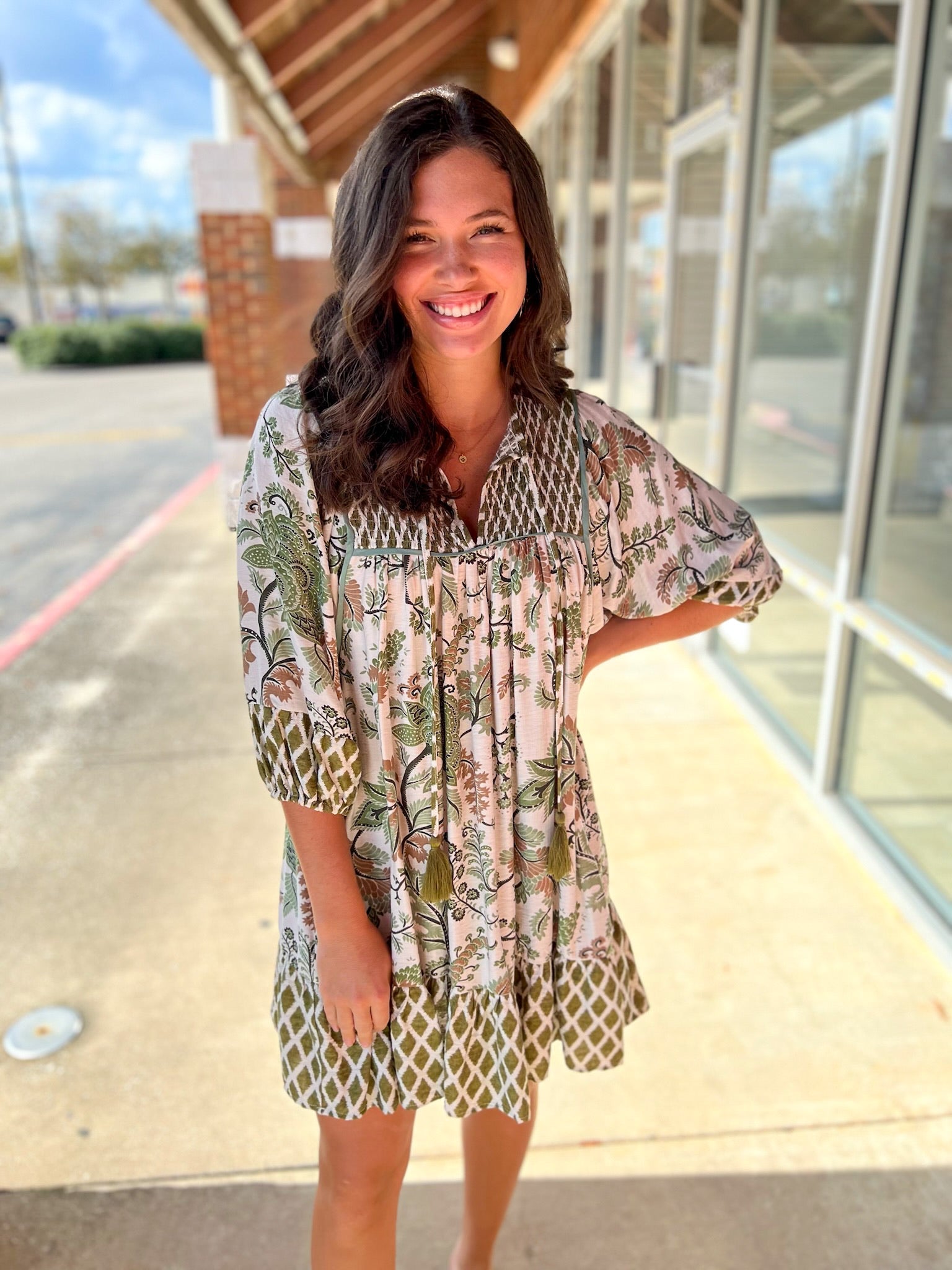 Sage Mix Smocked V - Neck Dress with 3/4 Sleeves - A'Bekah's Boutique