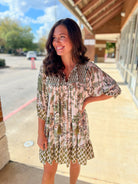 Sage Mix Smocked V - Neck Dress with 3/4 Sleeves - A'Bekah's Boutique