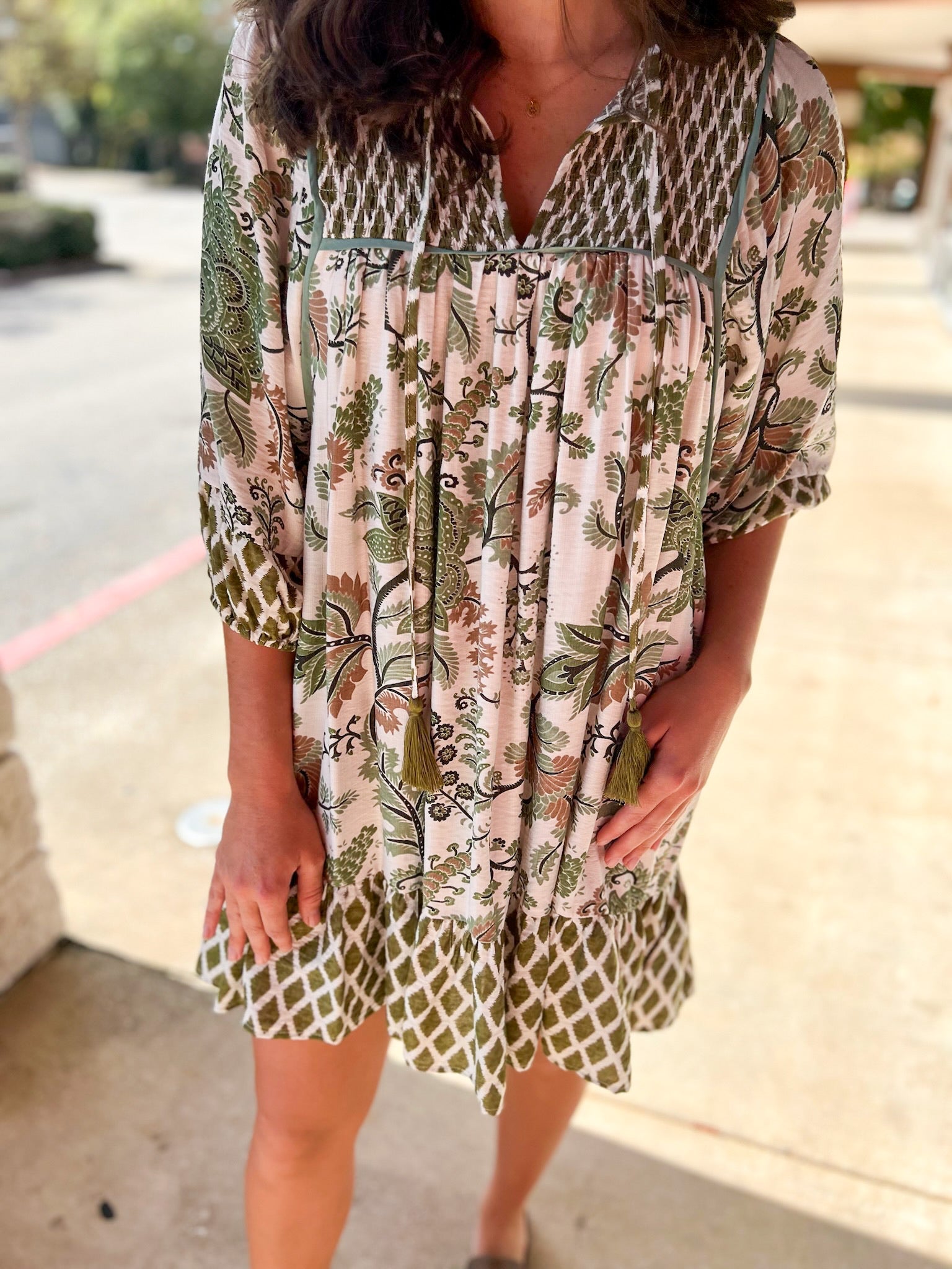 Sage Mix Smocked V - Neck Dress with 3/4 Sleeves - A'Bekah's Boutique