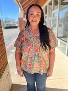 Sage Paisley Print V - Neck Top with Short Puff Sleeves (C) - A'Bekah's Boutique