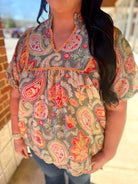 Sage Paisley Print V - Neck Top with Short Puff Sleeves (C) - A'Bekah's Boutique
