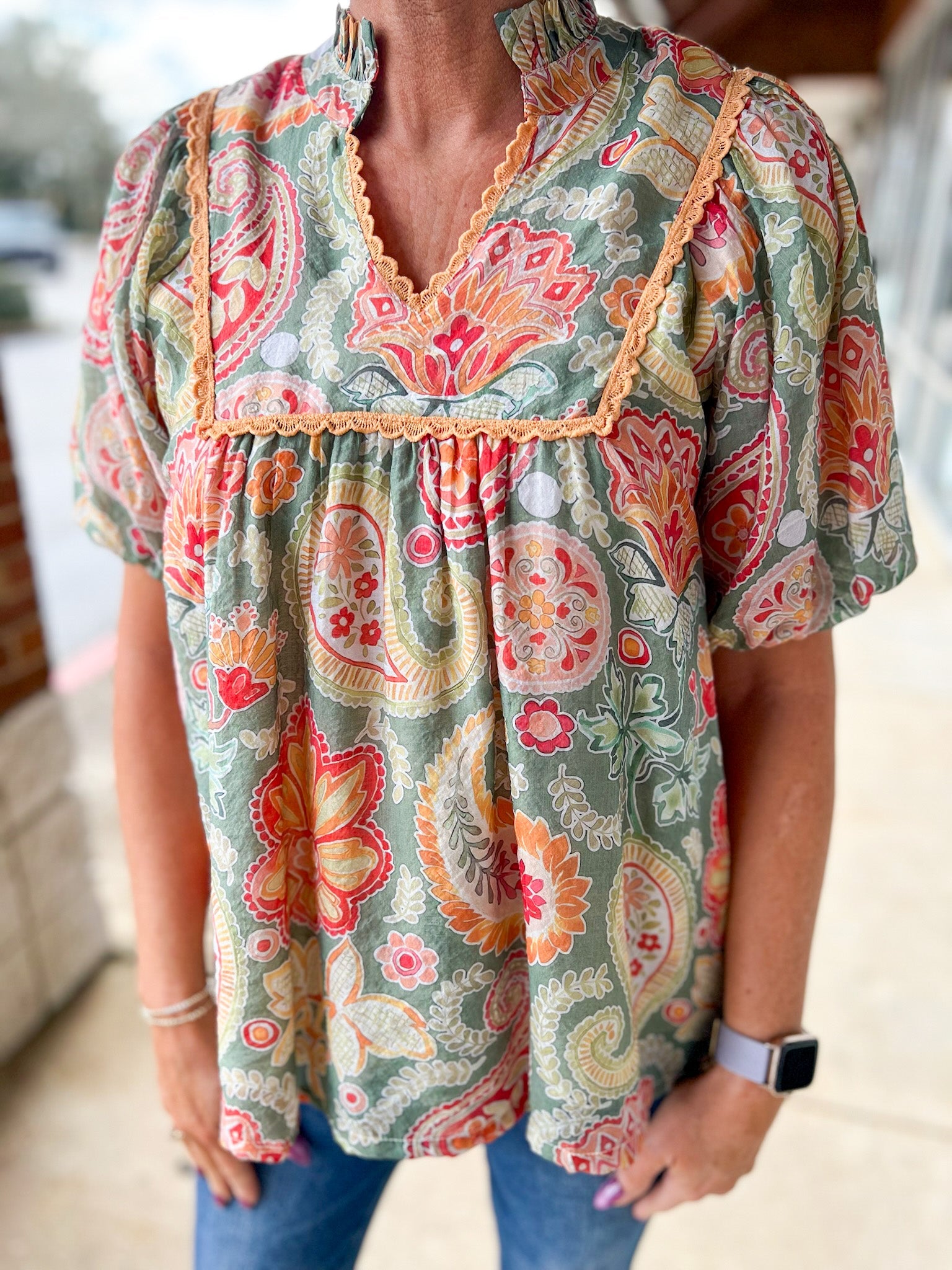 Sage Paisley Print V - Neck Top with Short Puff Sleeves (R) - A'Bekah's Boutique