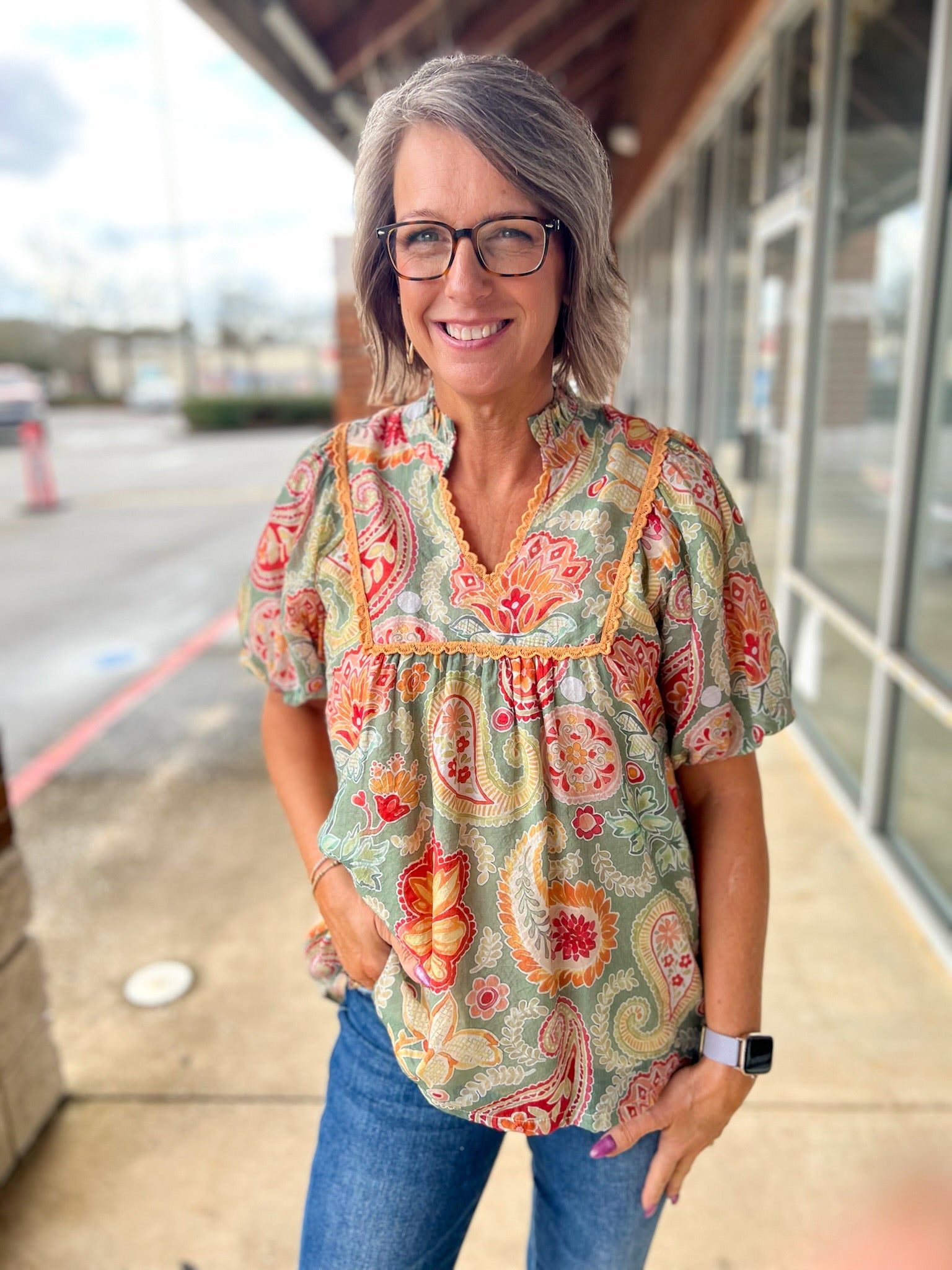 Sage Paisley Print V - Neck Top with Short Puff Sleeves (R) - A'Bekah's Boutique