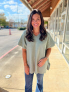 Sage V - Neck Short Sleeve Sweater with Side Slits - A'Bekah's Boutique