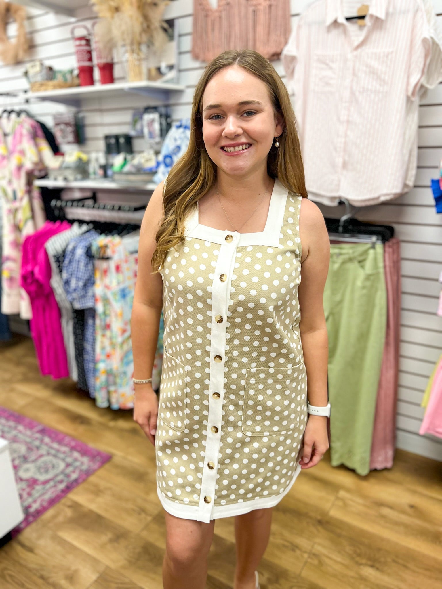 Sand Beige Polka Dot Sleeveless Button Up Dress - A'Bekah's Boutique