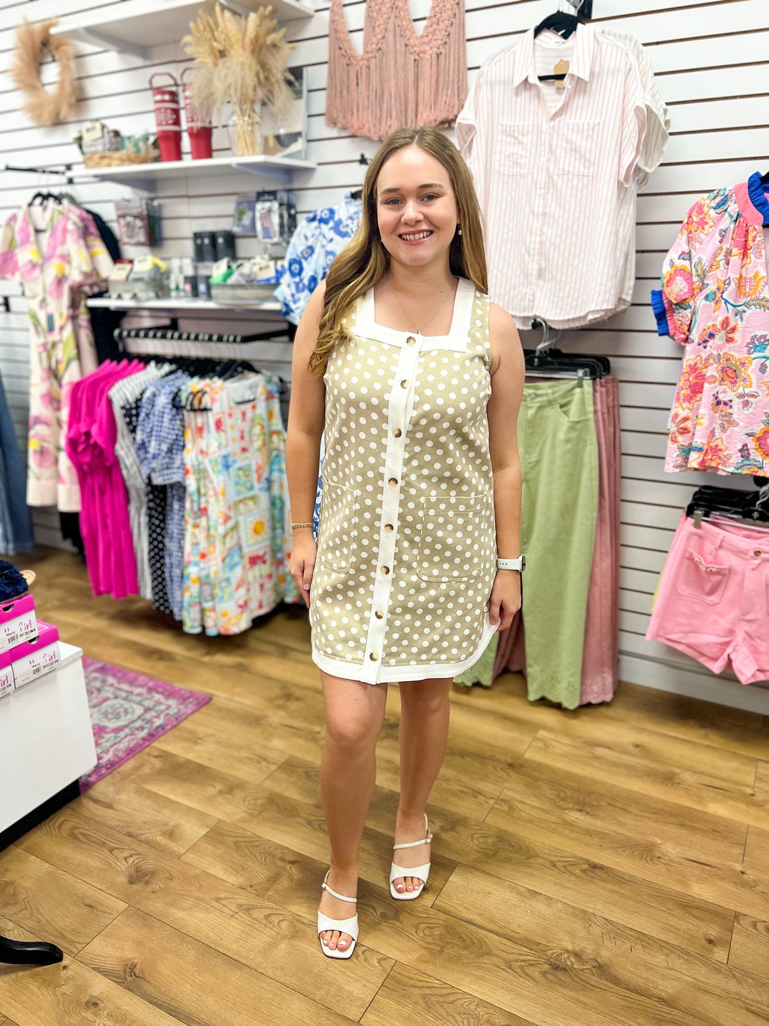 Sand Beige Polka Dot Sleeveless Button Up Dress - A'Bekah's Boutique