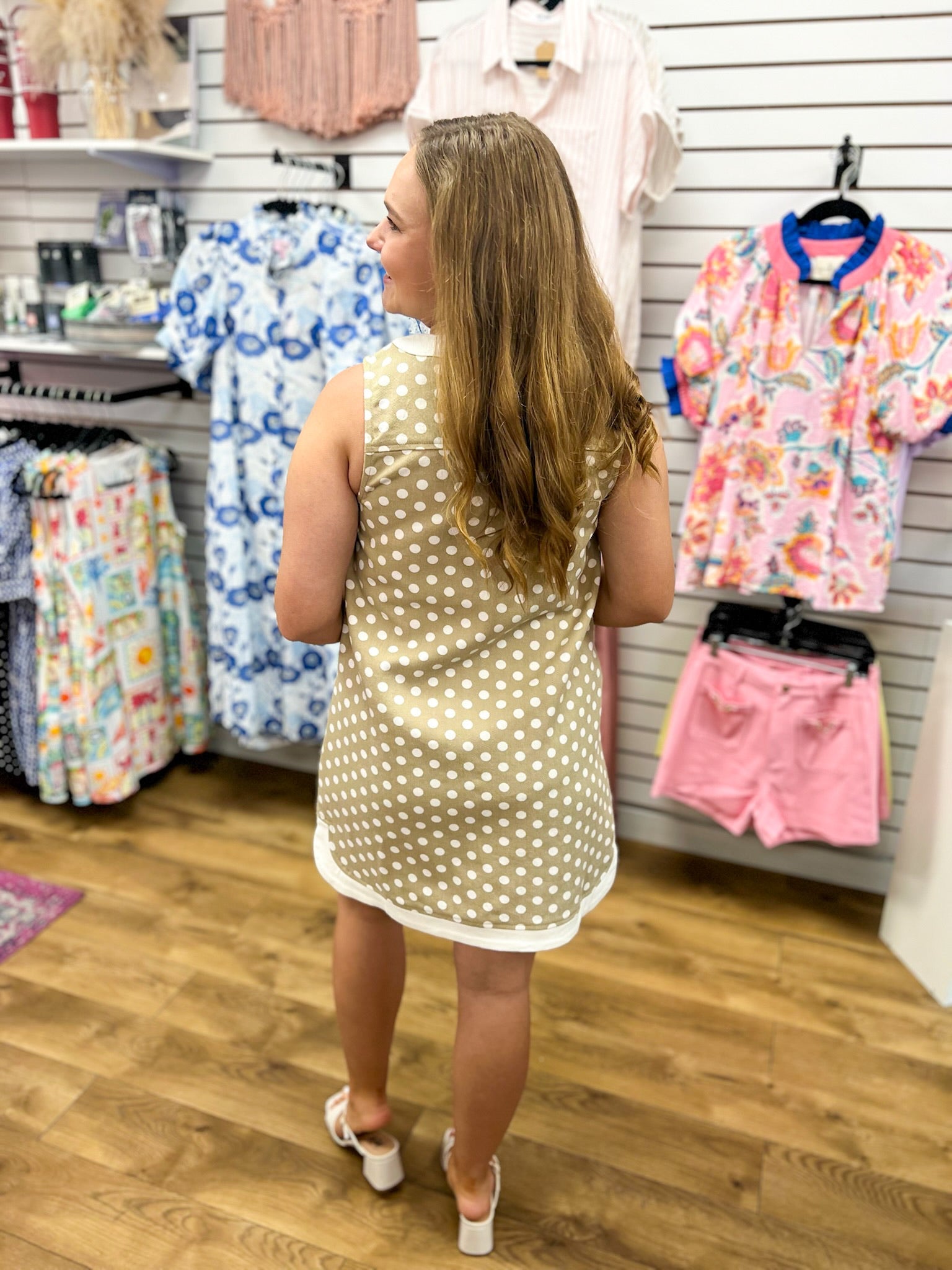 Sand Beige Polka Dot Sleeveless Button Up Dress - A'Bekah's Boutique