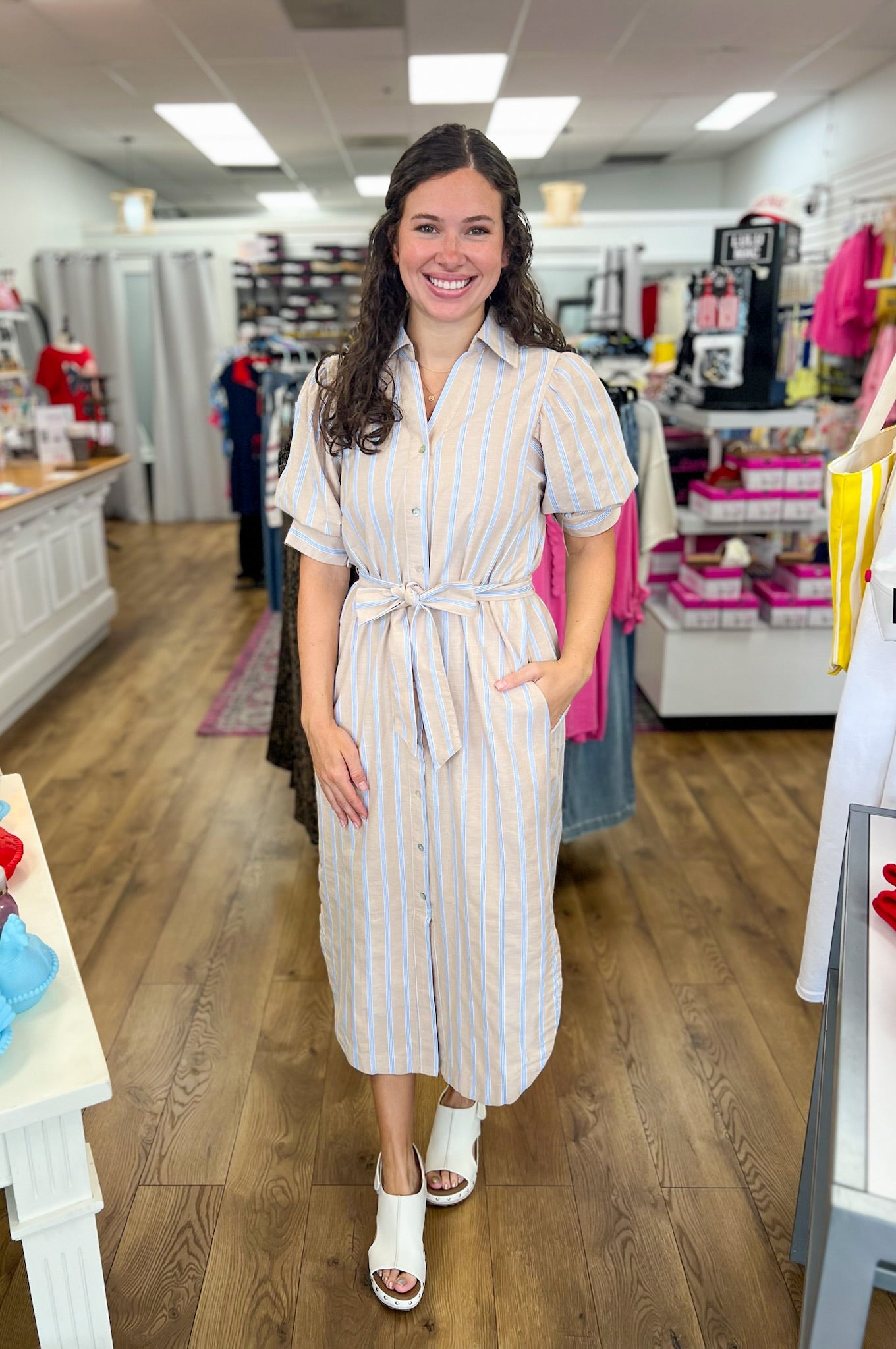 Sand Tie Waist Midi Dress with Blue Stripes - A'Bekah's Boutique