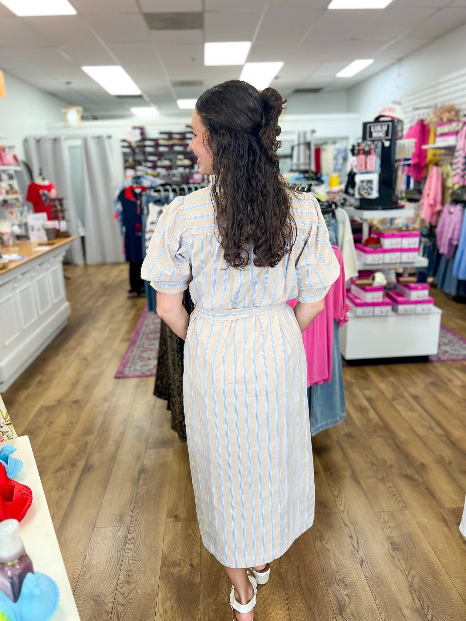 Sand Tie Waist Midi Dress with Blue Stripes - A'Bekah's Boutique