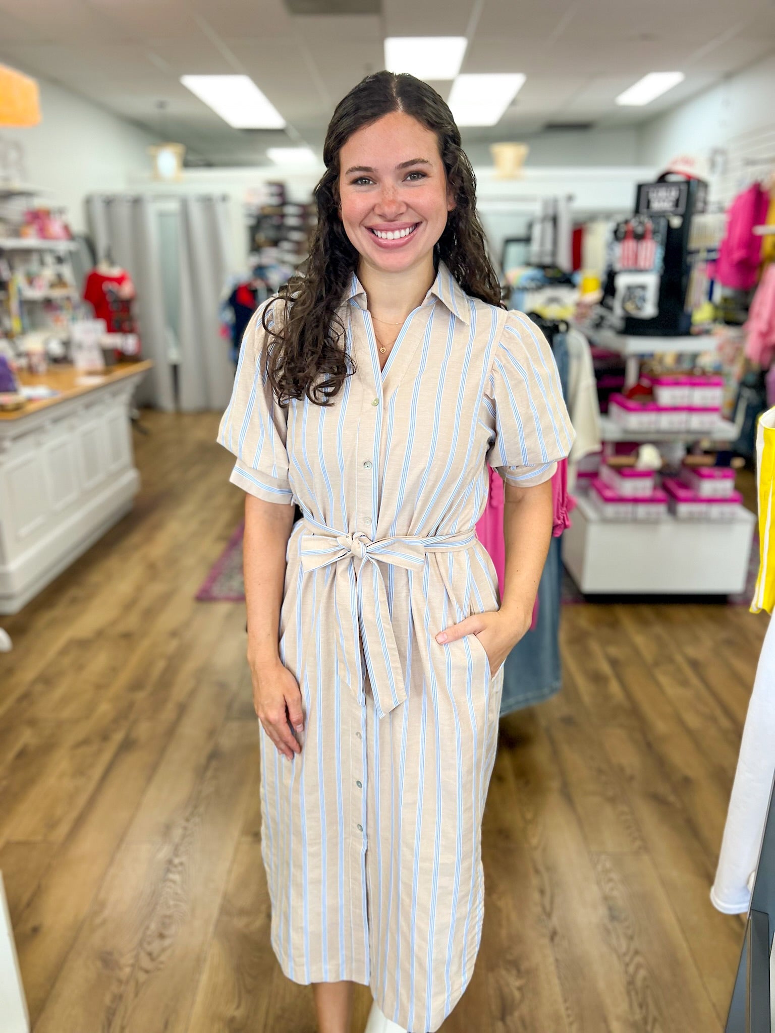 Sand Tie Waist Midi Dress with Blue Stripes - A'Bekah's Boutique