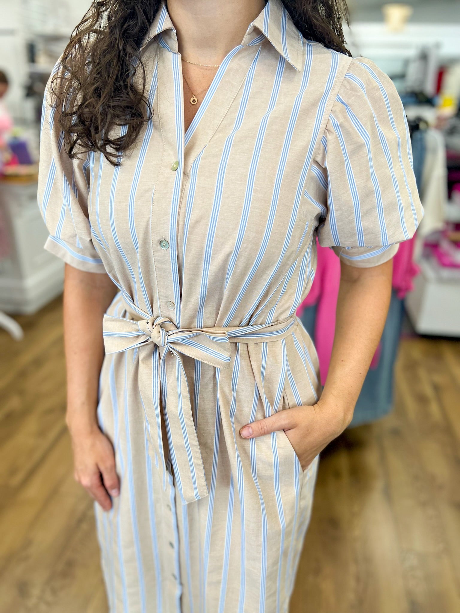 Sand Tie Waist Midi Dress with Blue Stripes - A'Bekah's Boutique