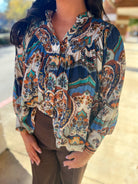 Sapphire Blue Long Sleeve Button Up Top - A'Bekah's Boutique