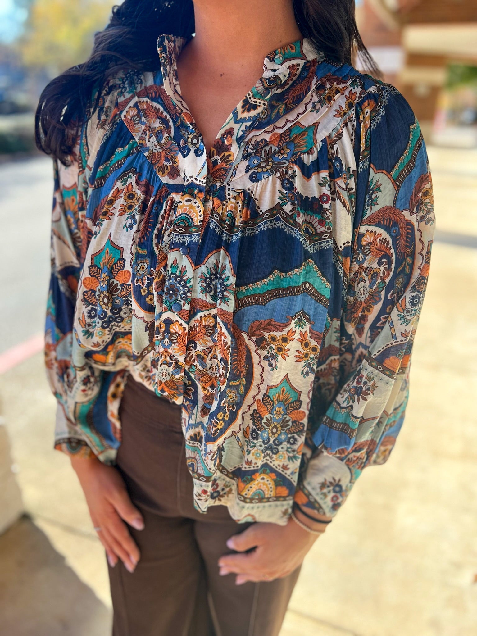 Sapphire Blue Long Sleeve Button Up Top - A'Bekah's Boutique