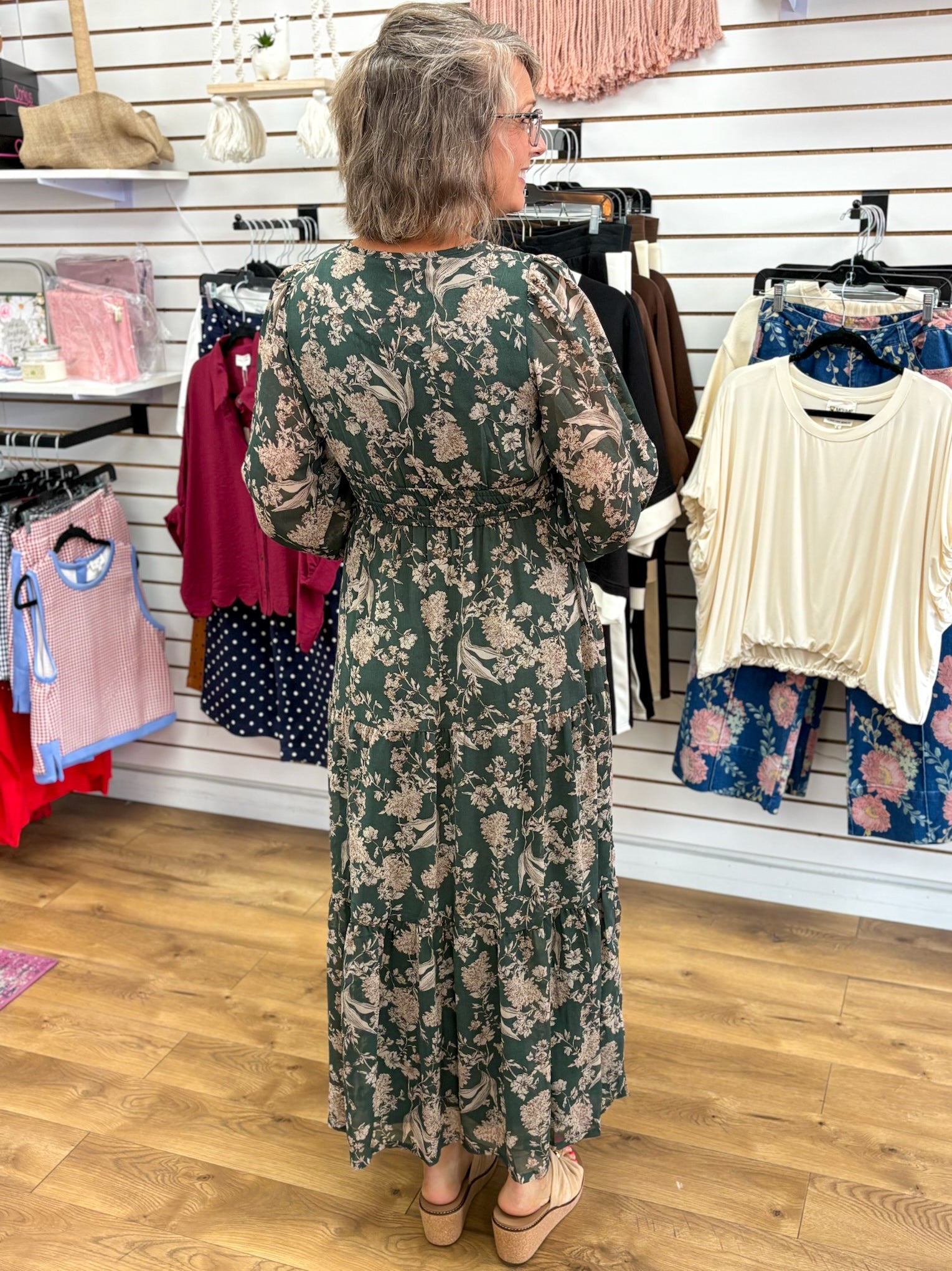 Sea Green Floral Long Sleeve Maxi Dress with Smocked Waist - A'Bekah's Boutique