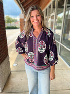 She's Back Plum Boho Print Top with 3/4 Length Sleeves - A'Bekah's Boutique