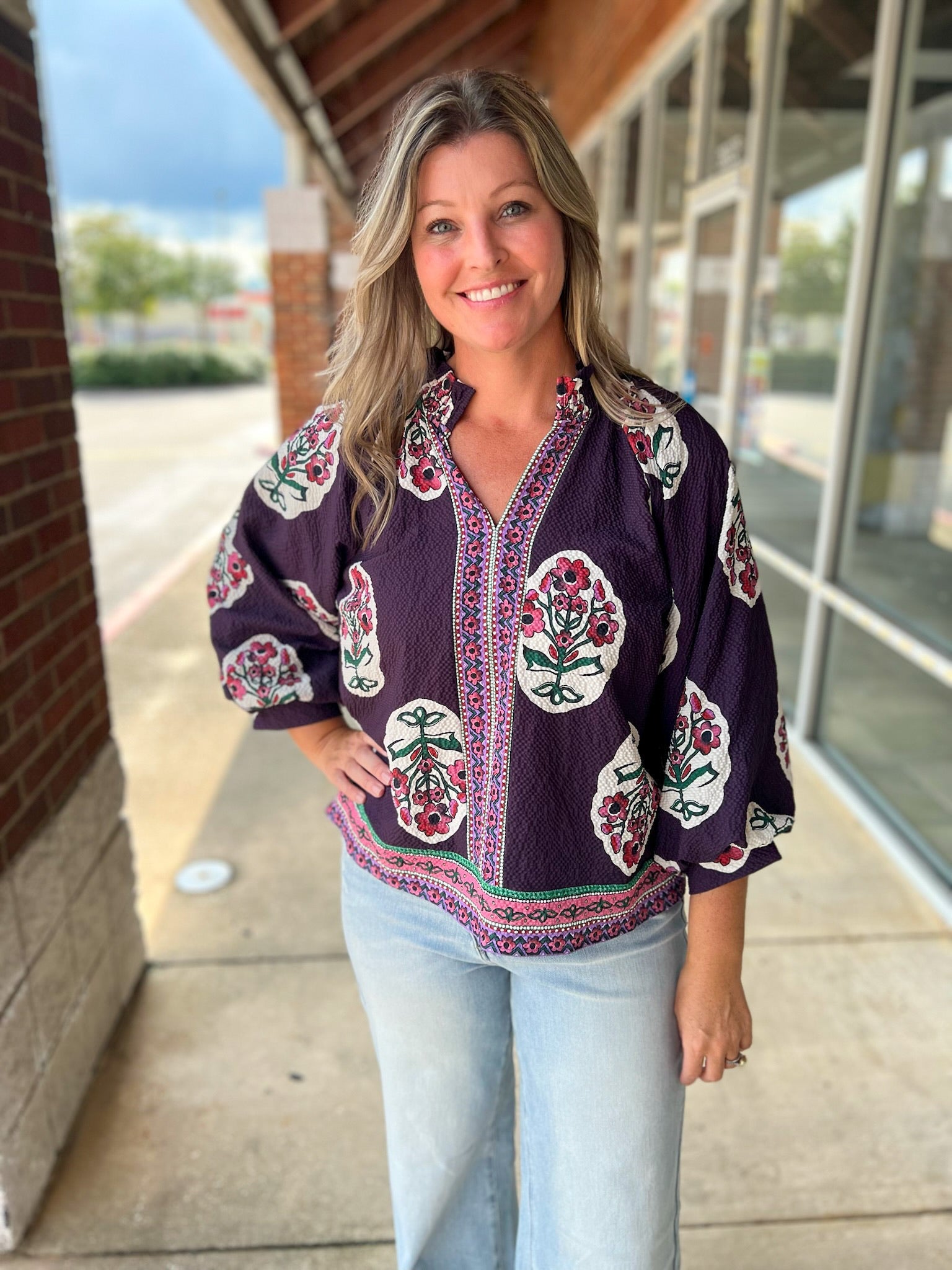 She's Back Plum Boho Print Top with 3/4 Length Sleeves - A'Bekah's Boutique