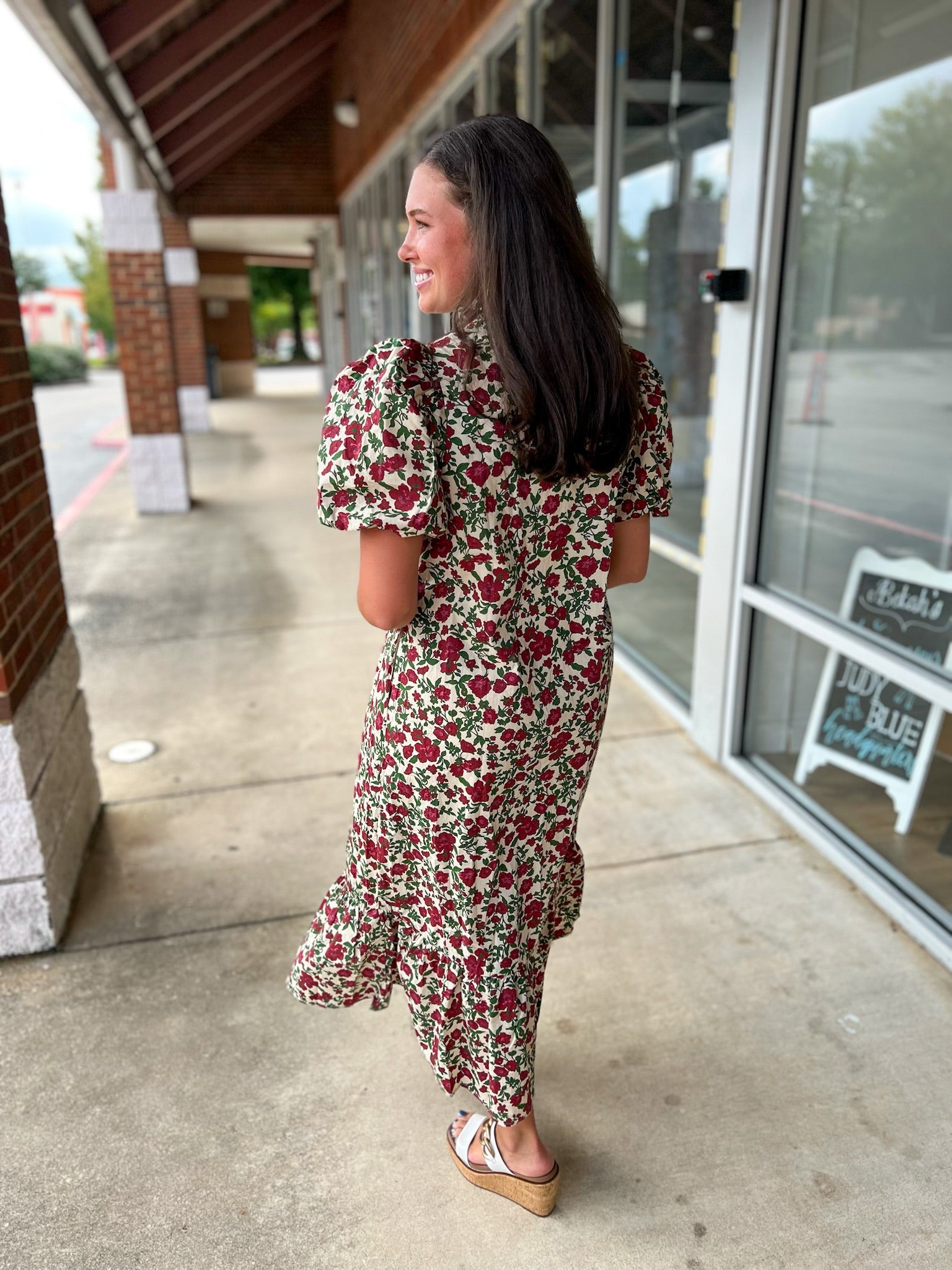 She's Gone Ecru Floral Midi Dress with Short Bubble Sleeves - A'Bekah's Boutique