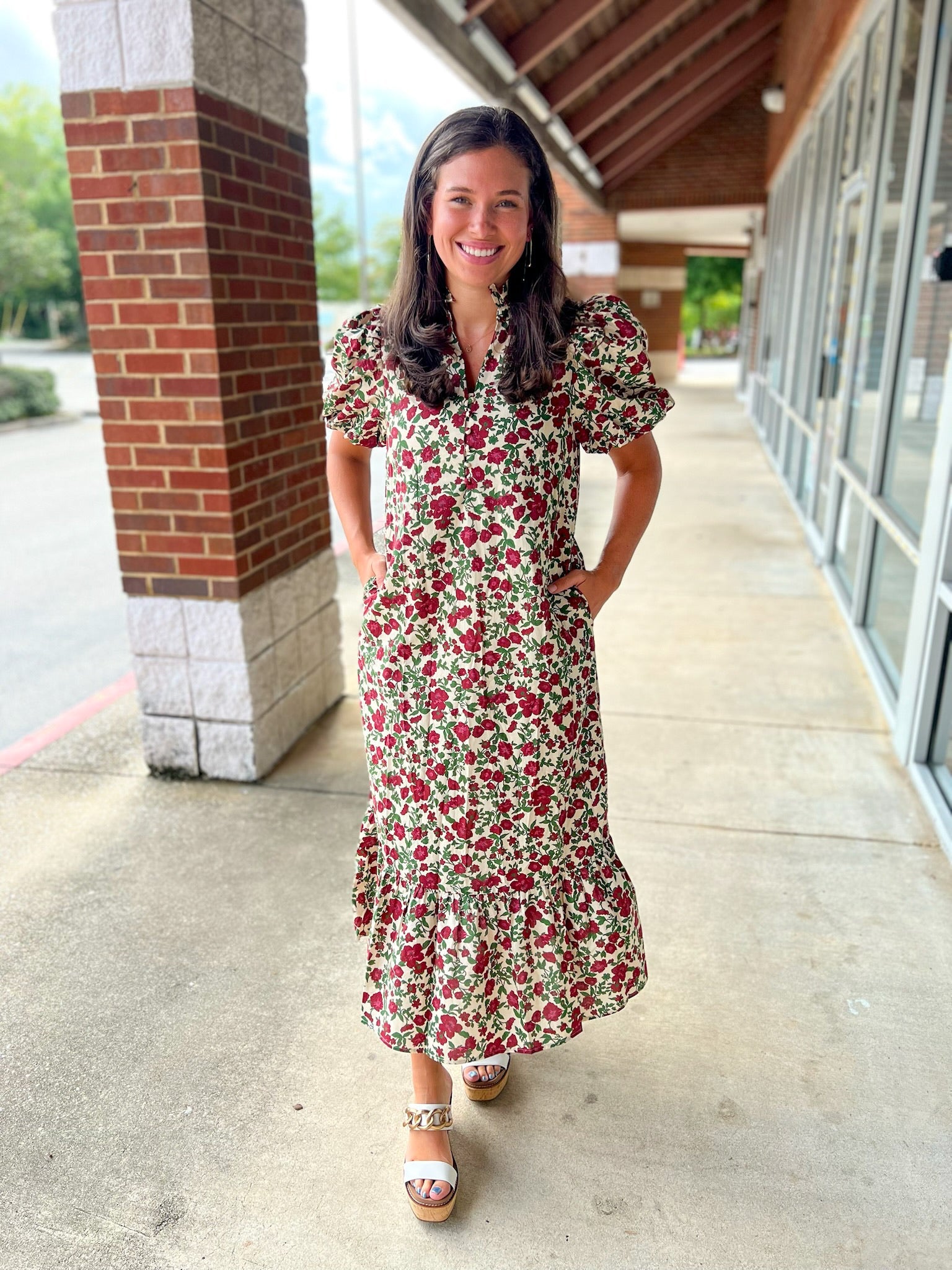 She's Gone Ecru Floral Midi Dress with Short Bubble Sleeves - A'Bekah's Boutique