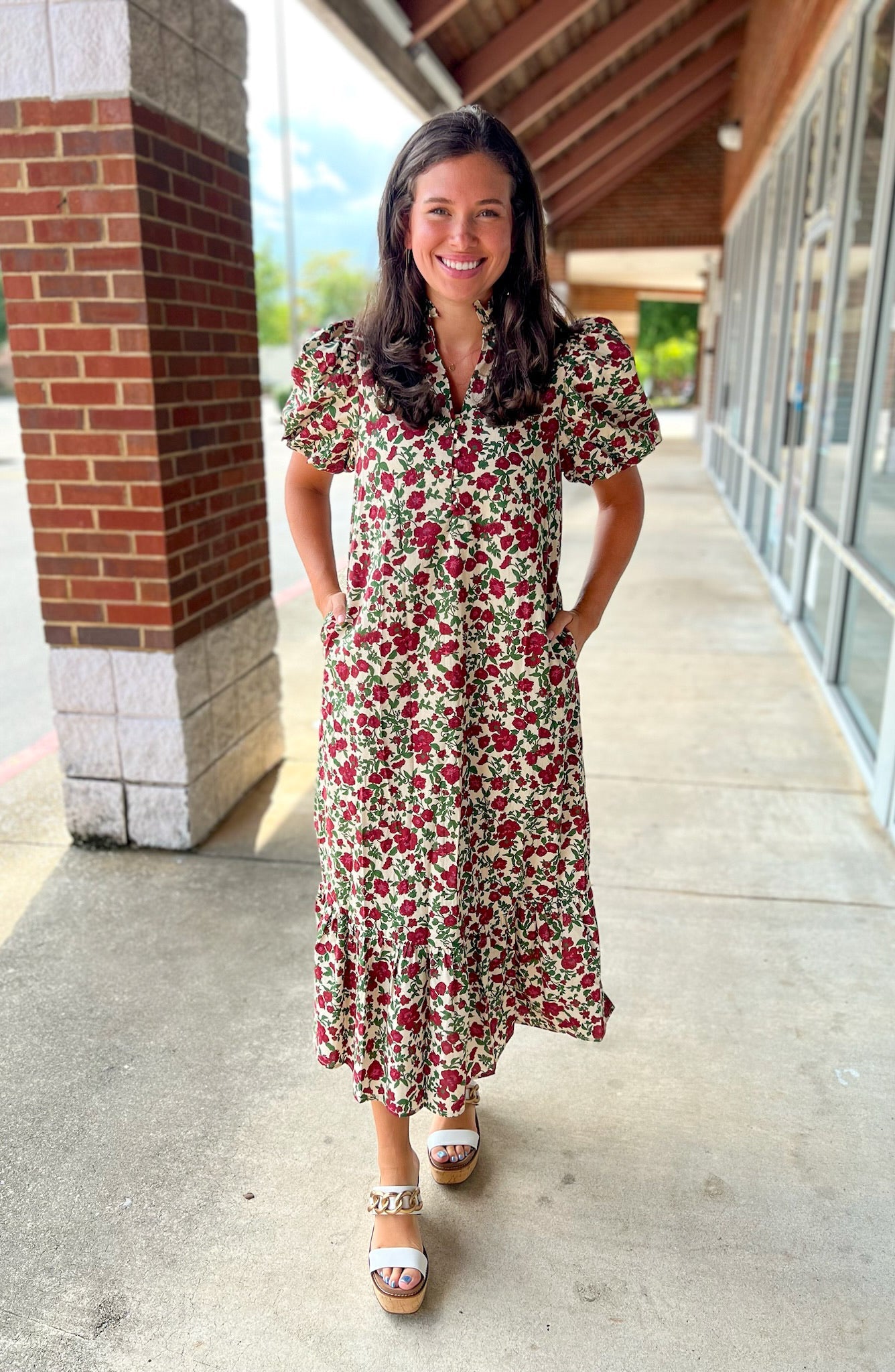 She's Gone Ecru Floral Midi Dress with Short Bubble Sleeves - A'Bekah's Boutique