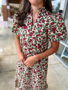 She's Gone Ecru Floral Midi Dress with Short Bubble Sleeves - A'Bekah's Boutique