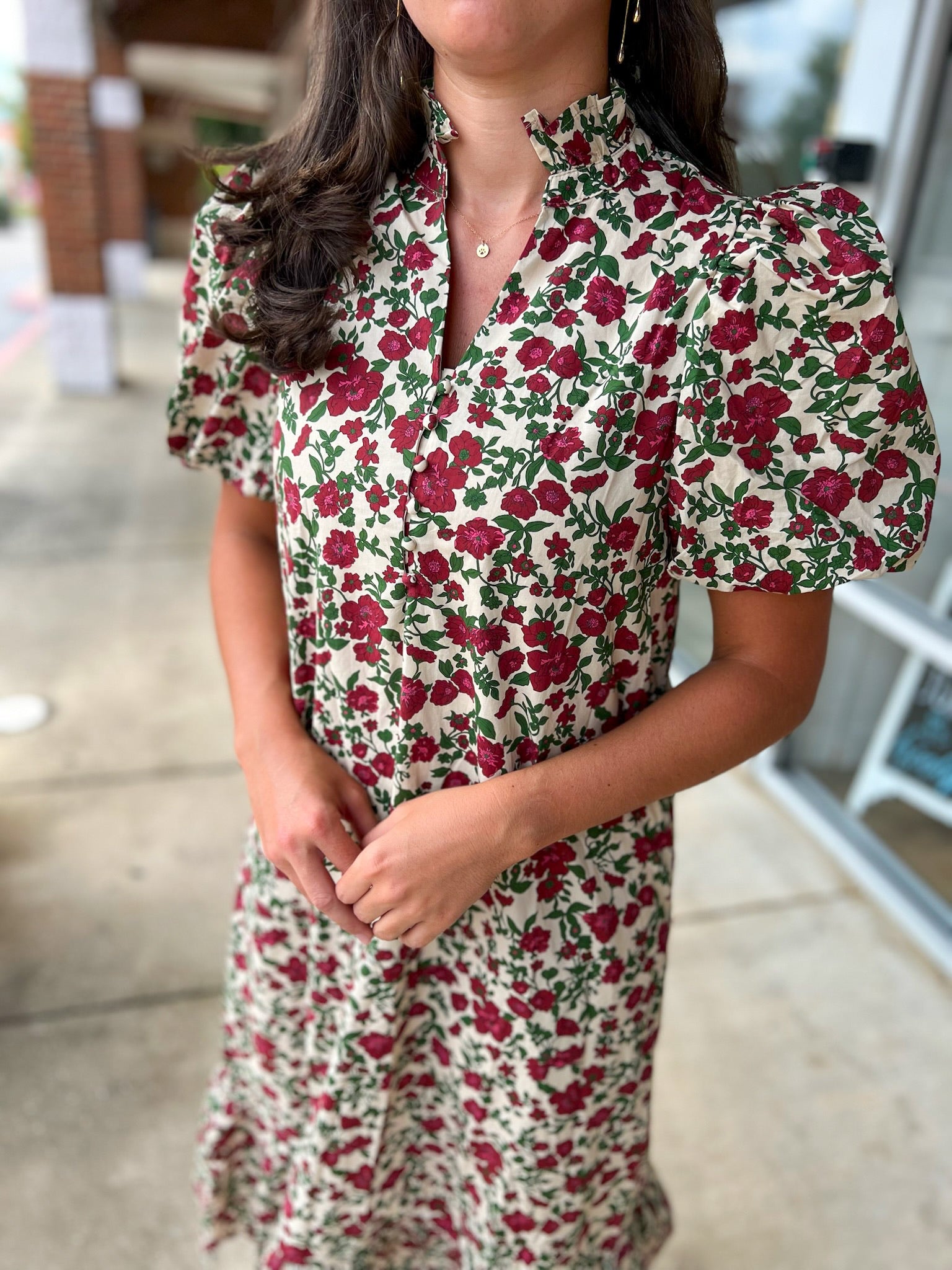 She's Gone Ecru Floral Midi Dress with Short Bubble Sleeves - A'Bekah's Boutique
