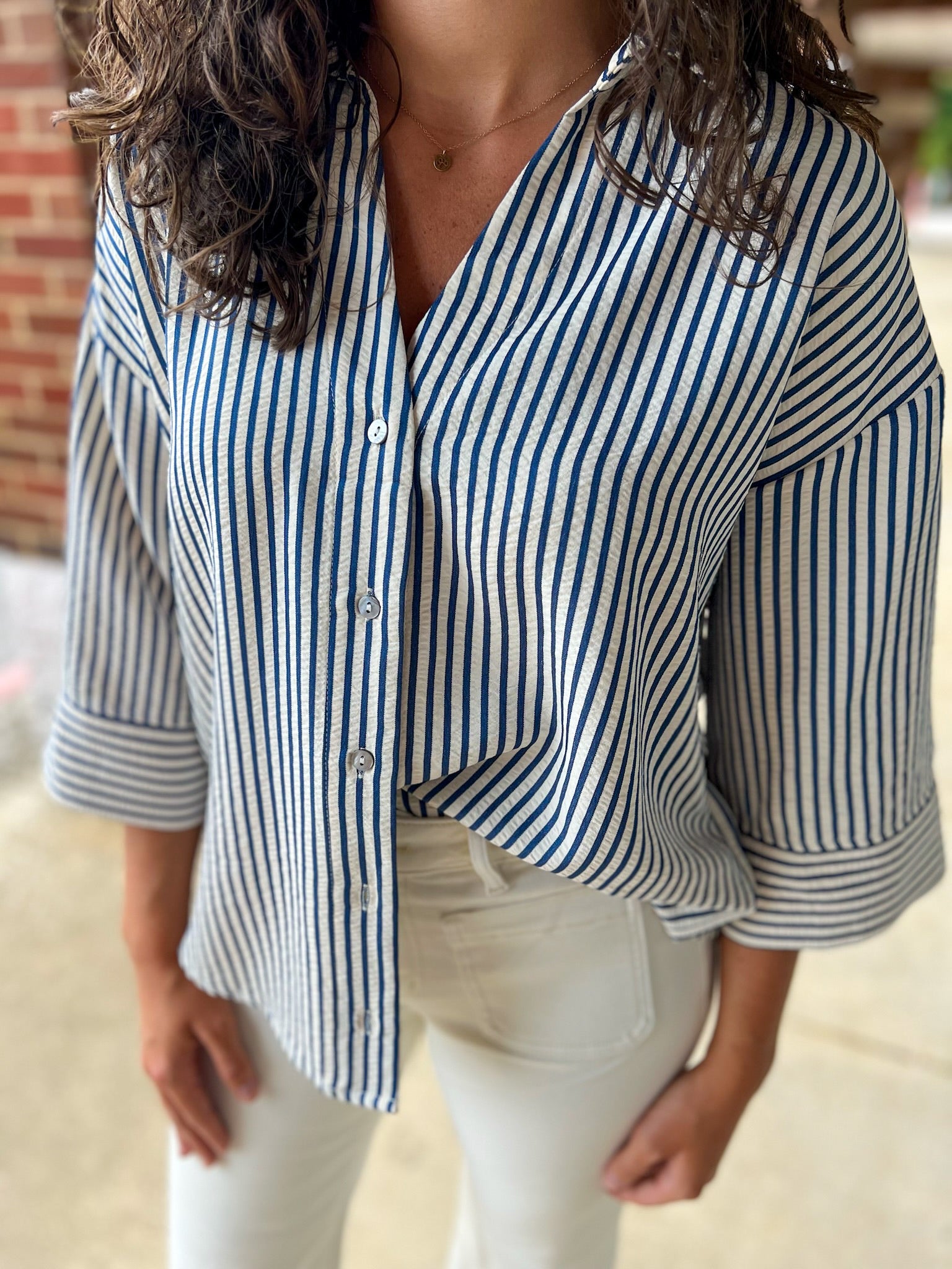 Show The Way Indigo Striped 3/4 Length Sleeve Top - A'Bekah's Boutique