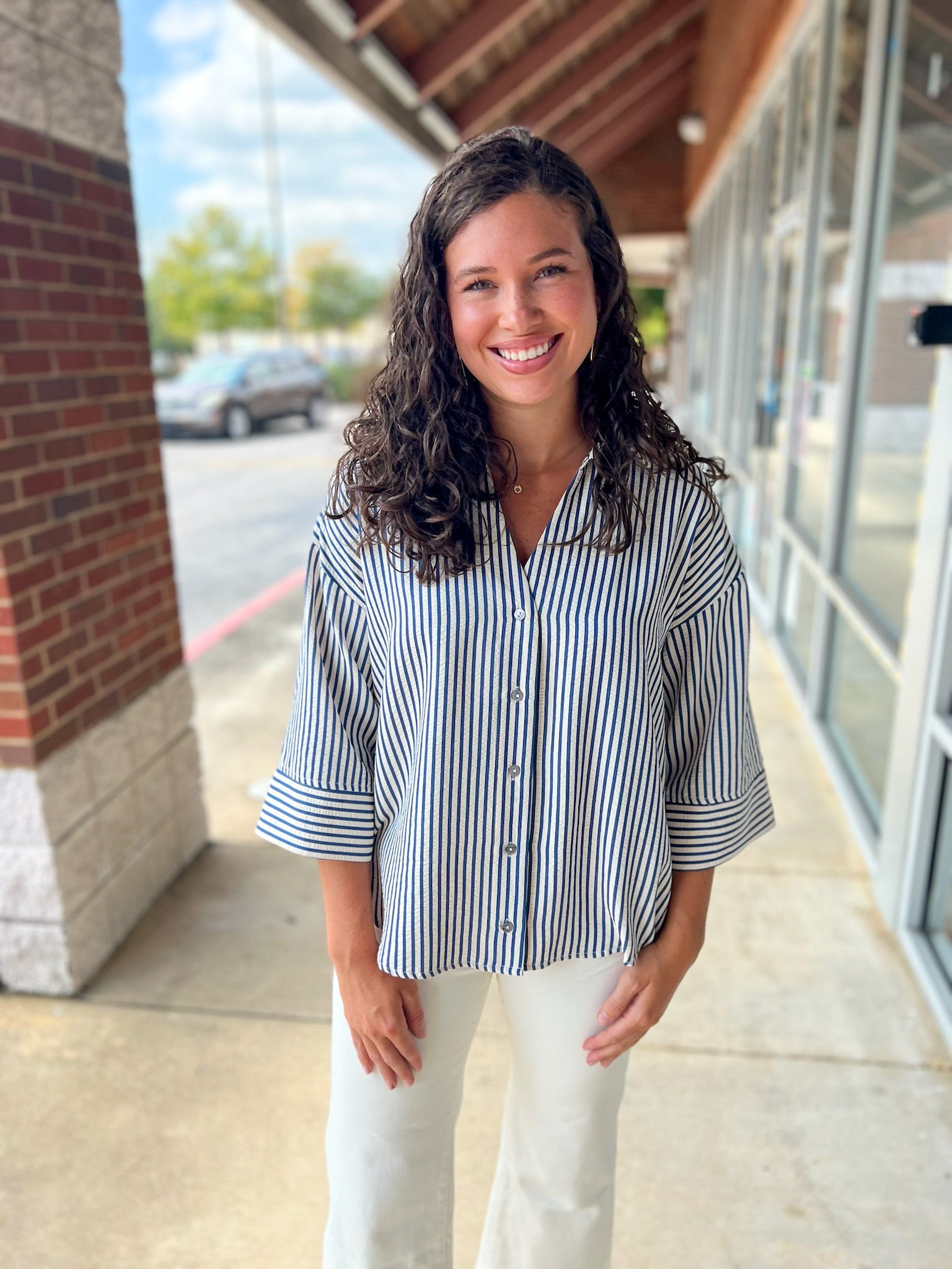 Show The Way Indigo Striped 3/4 Length Sleeve Top - A'Bekah's Boutique