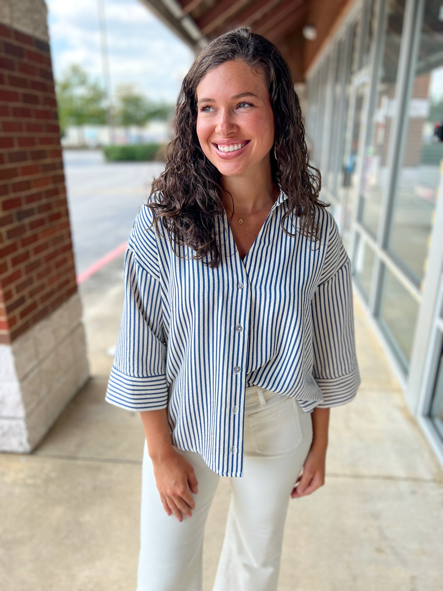 Show The Way Indigo Striped 3/4 Length Sleeve Top - A'Bekah's Boutique