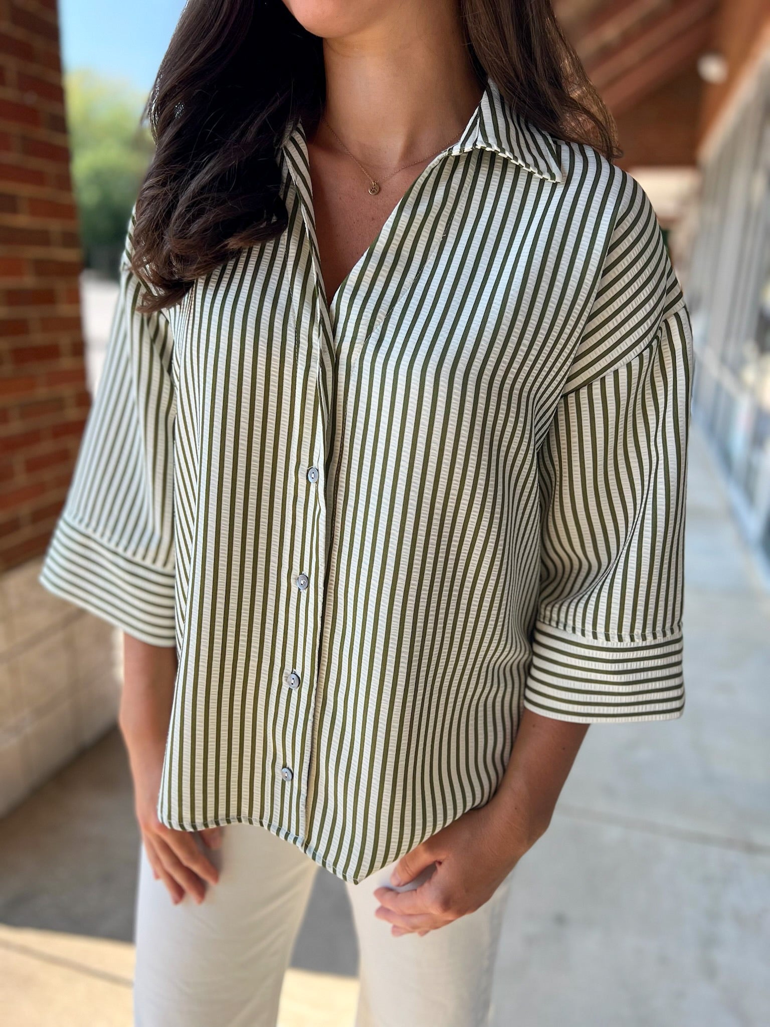 Show The Way Olive Striped 3/4 Length Sleeve Top - A'Bekah's Boutique
