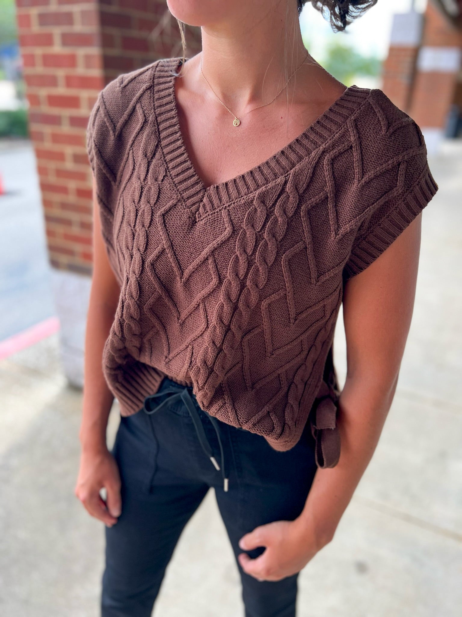 Side By Side Brown Cropped Cable Knit Sweater with Side Ties - A'Bekah's Boutique