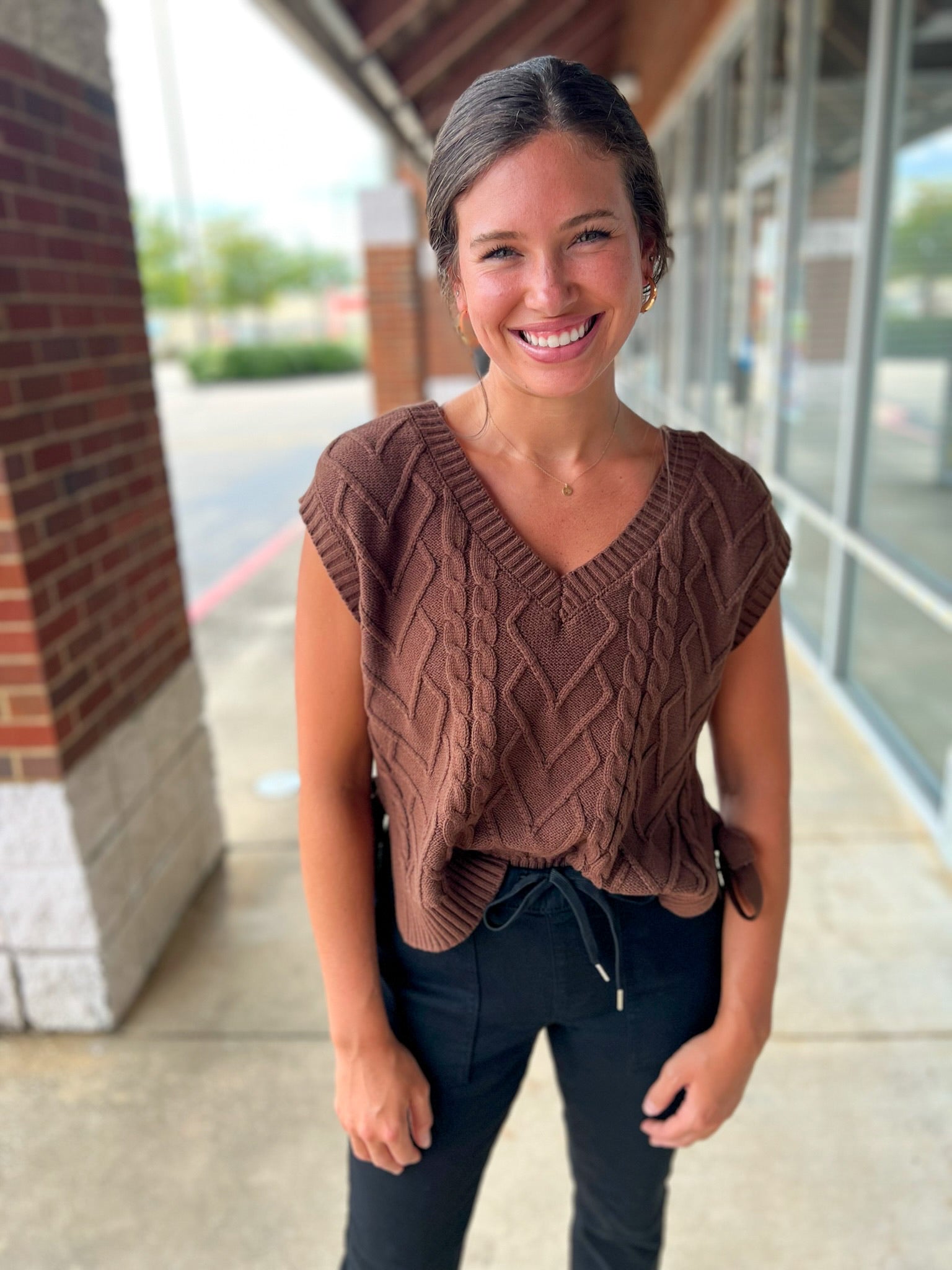 Side By Side Brown Cropped Cable Knit Sweater with Side Ties - A'Bekah's Boutique