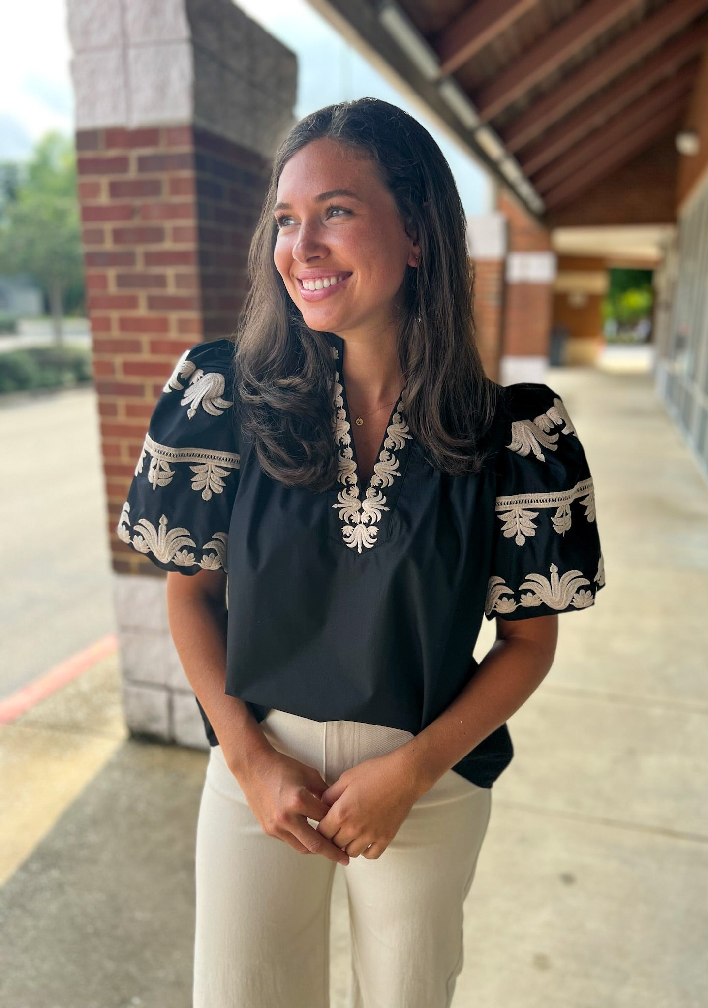 Sight Unseen Black Top with Embroidered Bubble Sleeves and Neckline (R) - A'Bekah's Boutique