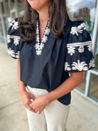 Sight Unseen Black Top with Embroidered Bubble Sleeves and Neckline (R) - A'Bekah's Boutique