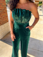 Simply Radiant Hunter Green Velvet Strapless Jumpsuit with Sequin Bodice - A'Bekah's Boutique