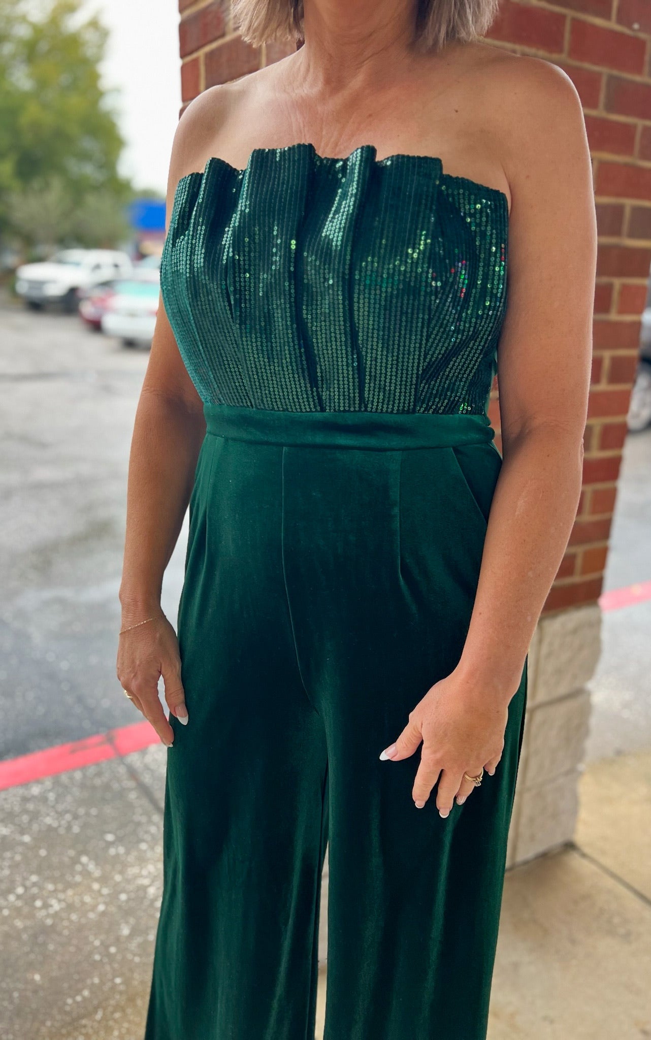 Simply Radiant Hunter Green Velvet Strapless Jumpsuit with Sequin Bodice - A'Bekah's Boutique