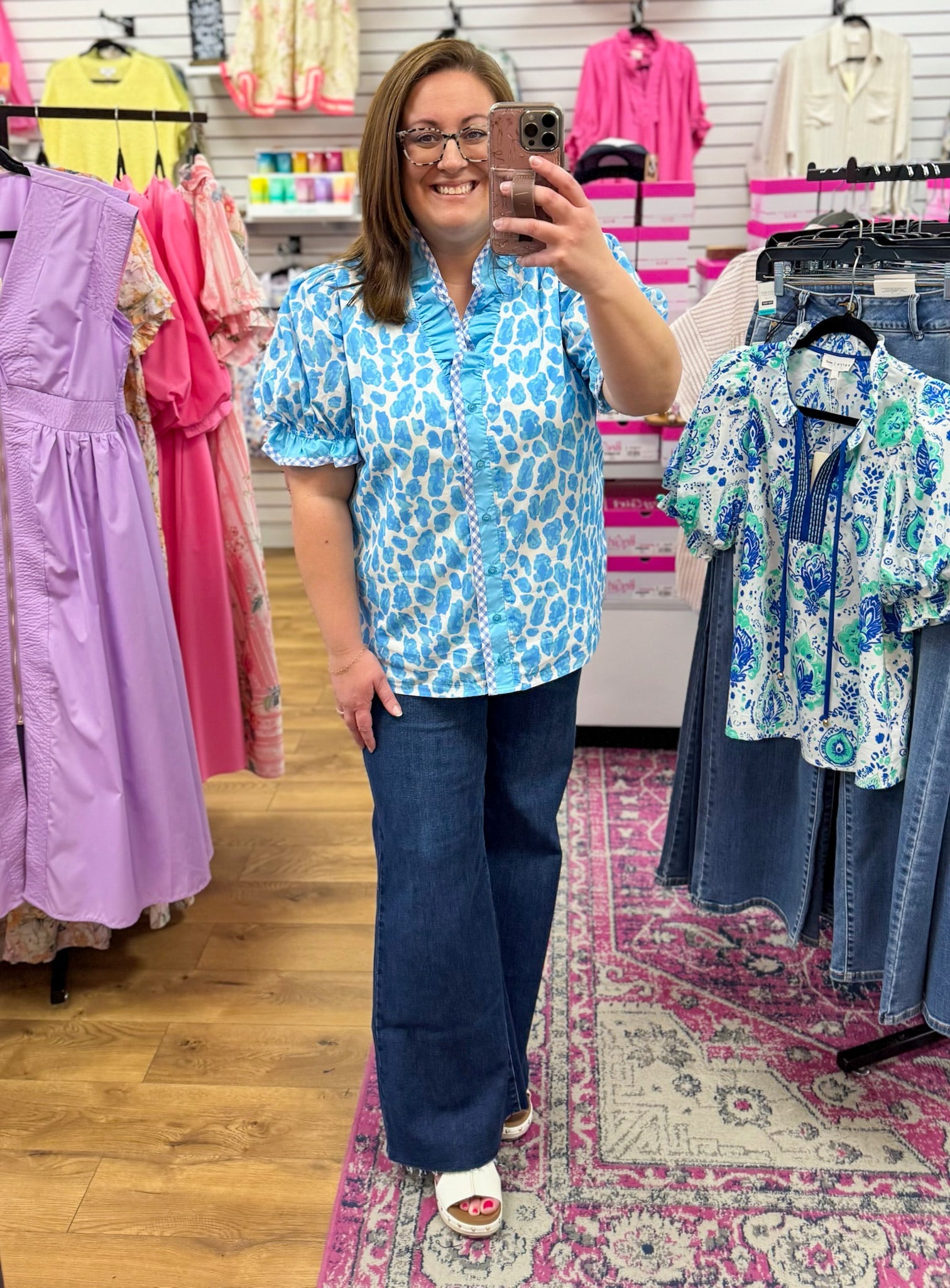 Sky Blue Abstract Leopard Button Up Top with Short Puff Sleeves - A'Bekah's Boutique