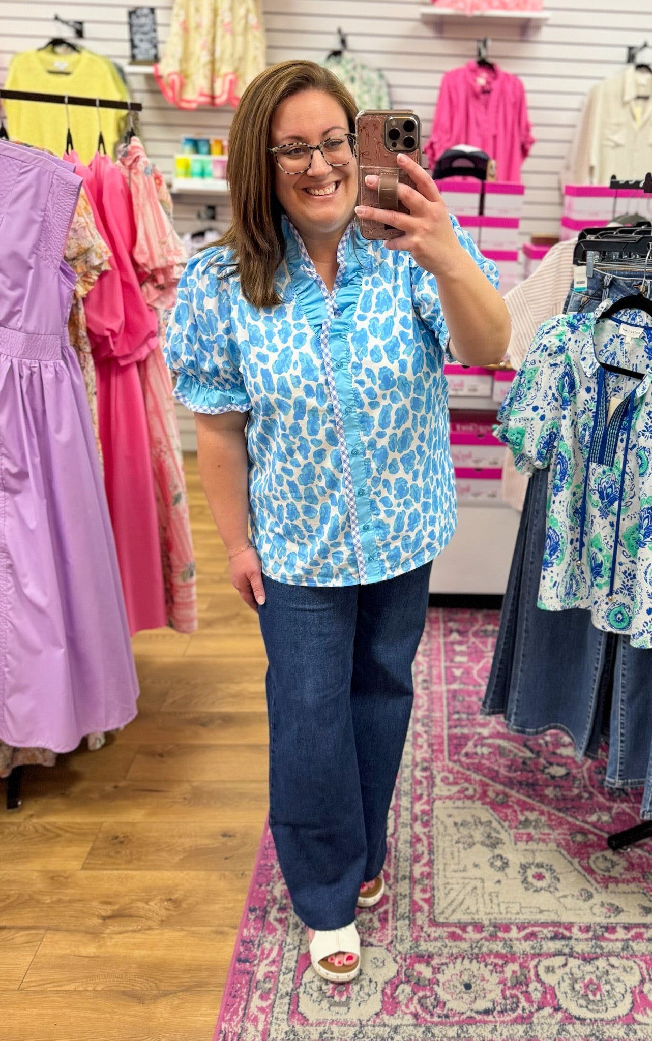 Sky Blue Abstract Leopard Button Up Top with Short Puff Sleeves - A'Bekah's Boutique