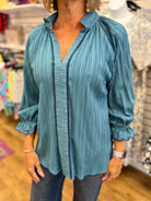 Slate Blue Top with 3/4 Sleeves and Contrast Trim - A'Bekah's Boutique