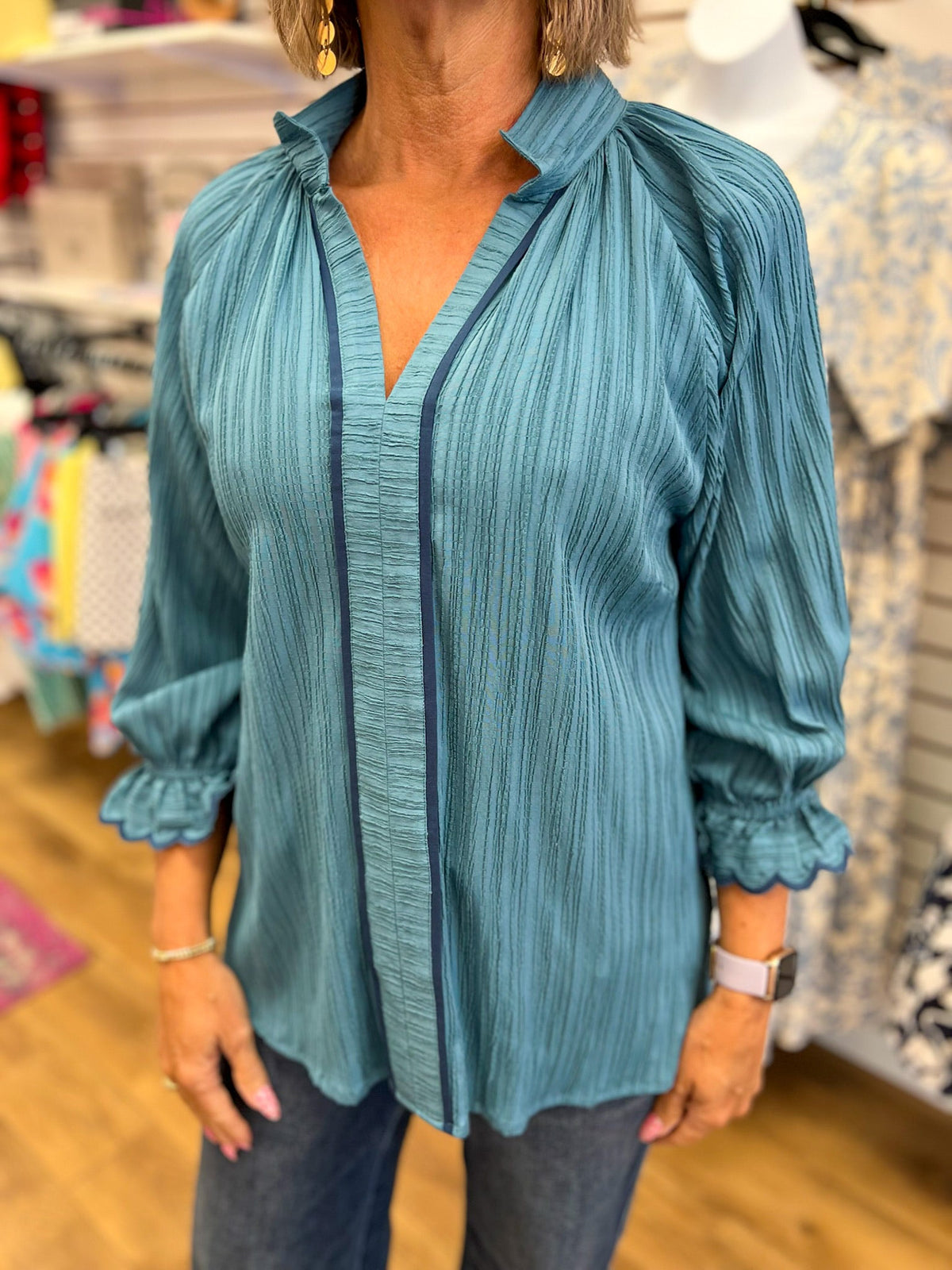 Slate Blue Top with 3/4 Sleeves and Contrast Trim - A'Bekah's Boutique