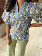 Smile More Olive Bloom V - Neck Top with Short Puff Sleeves - A'Bekah's Boutique