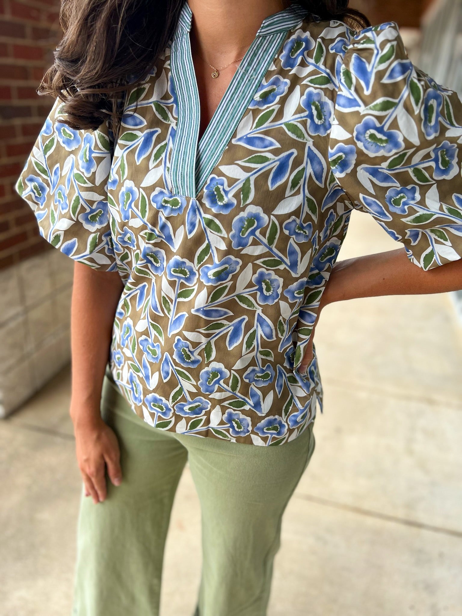Smile More Olive Bloom V - Neck Top with Short Puff Sleeves - A'Bekah's Boutique