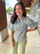 Smile More Olive Bloom V - Neck Top with Short Puff Sleeves - A'Bekah's Boutique