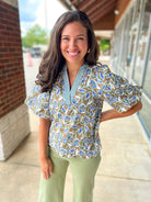 Smile More Olive Bloom V - Neck Top with Short Puff Sleeves - A'Bekah's Boutique