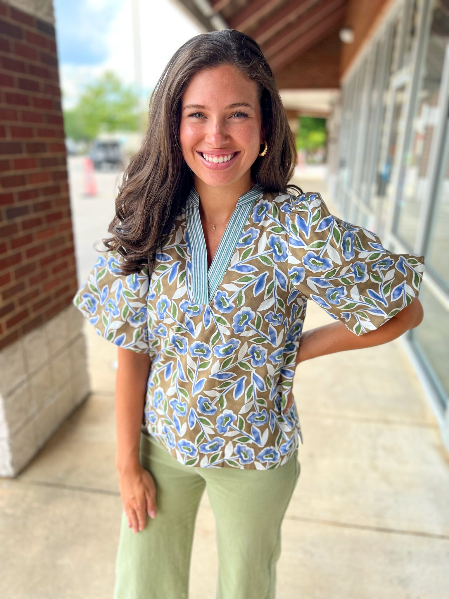 Smile More Olive Bloom V - Neck Top with Short Puff Sleeves - A'Bekah's Boutique
