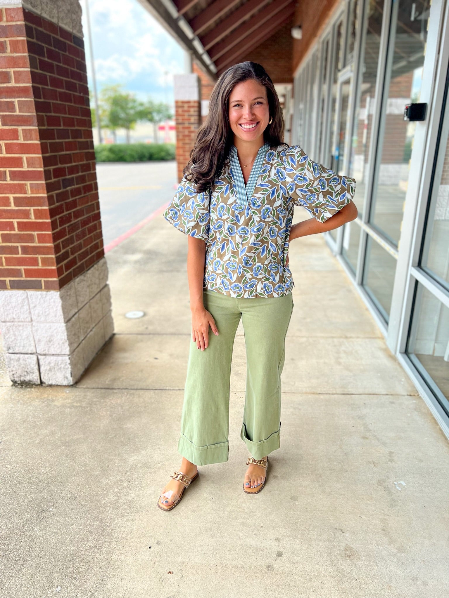 Smile More Olive Bloom V - Neck Top with Short Puff Sleeves - A'Bekah's Boutique