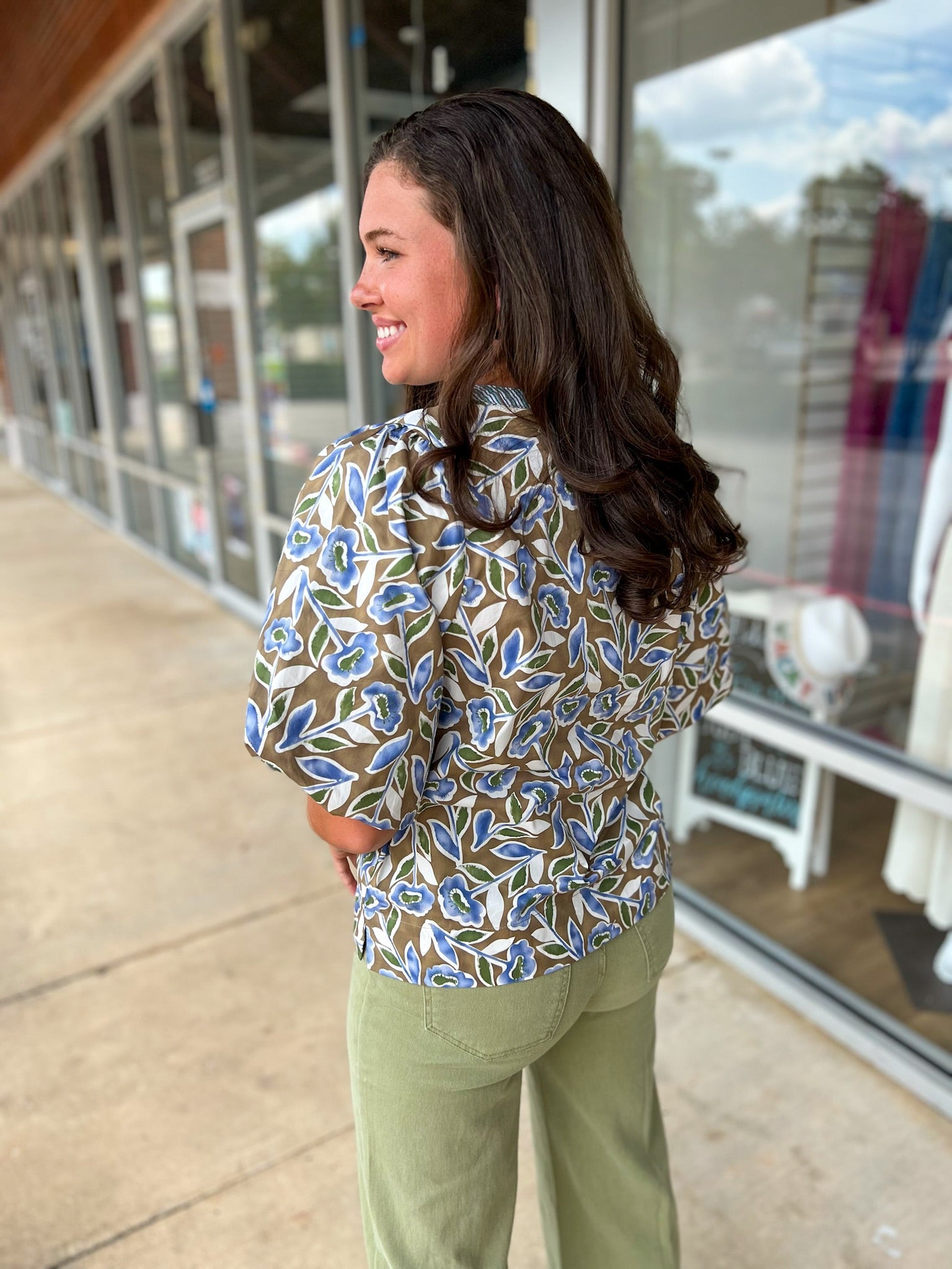 Smile More Olive Bloom V - Neck Top with Short Puff Sleeves - A'Bekah's Boutique
