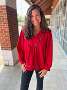 Somebody Tell Me Red V - Neck Top with Animal Print Piping - A'Bekah's Boutique