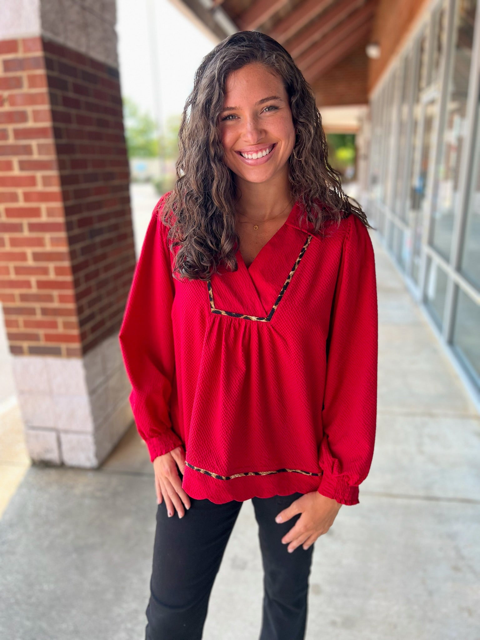 Somebody Tell Me Red V - Neck Top with Animal Print Piping - A'Bekah's Boutique
